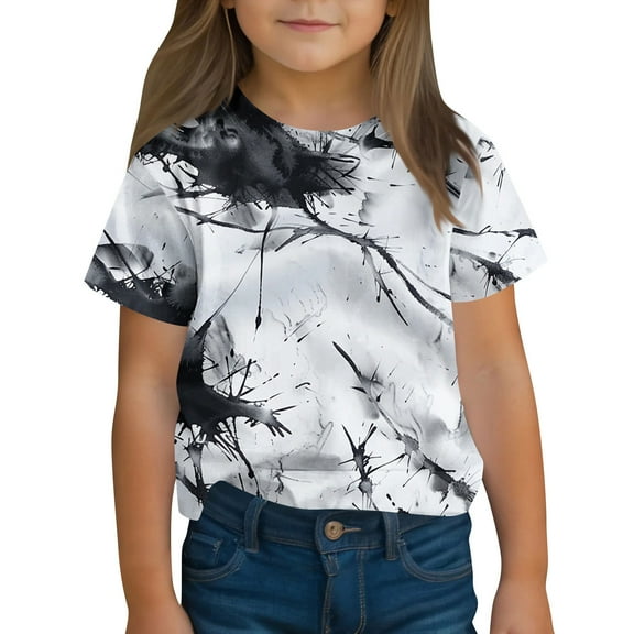 Piuwrlz Short T-Shirts Sleeve Kids Girls Round Neck Shirt Printed Fashionable Cotton Shirt Top Black Size 5 Years