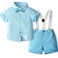 thumbnail image 2 of THDHVS Boys Suit,Boys Summer Outfits,Boys' Fashion Bow Short Sleeve Collar Shirt Strap Shorts Two Piece Boy's Formal Suit Sky Blue 4-5 Years, 2 of 7
