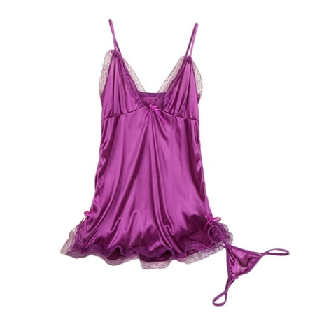 

Women Nightgown Sexy Suspenders V-neck Solid Color Soft Silk Lingerie Sleepwear with Lace Trim Small Bows