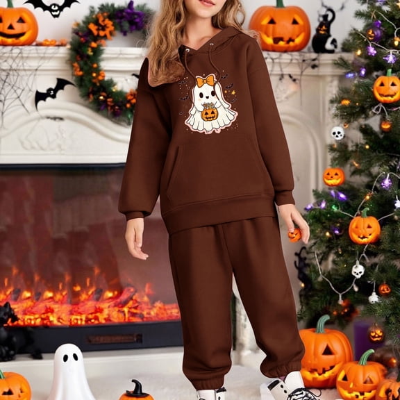Placlothes Girls 2-12 Hall-oween Two-Piece Hoodie Jogger Set - Brown, Soft Polyester, Ghost Pumpkin Graphic Outfit for Trick-or-Treat & Daily Play,Size 10 T
