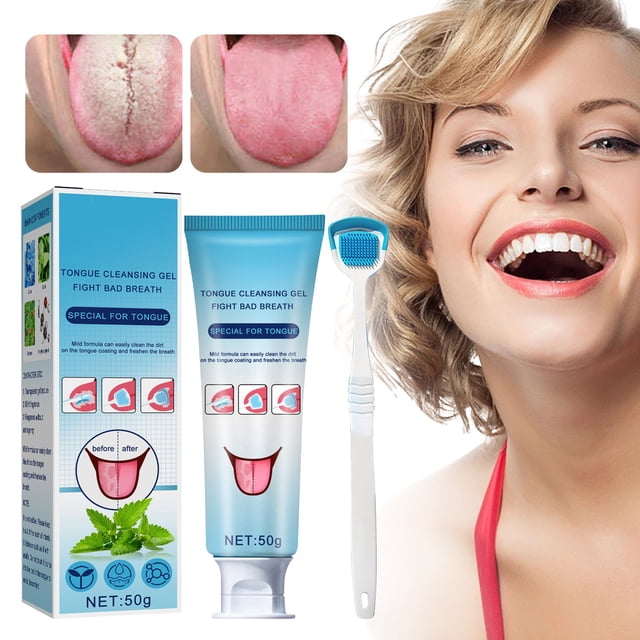 Tongue Cleaner Gel With Tongue Brush Tongue Cleaning Gel Set Easy To Use Tongue Scraper & Cleaning Gel Kit Tongue Cleaning Kit For Fresh Breath,Blue Cleaning Teeth
