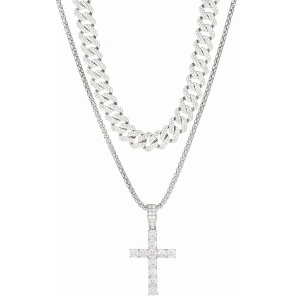 Iced Out Cuban Link Chain Necklace for Men and Women, Cross Pendant with Over 1200 Cubic Zirconia Stones, 16-20 Inch, Gift Box-silver-16" 18"