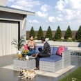 thumbnail image 6 of EastVita 5 Piece Deck Patio Furniture Set Outdoor Rattan Parlor Sofa Set All Weather Sectional Sofa with Glass Storage Table and Balcony Footstool Non-Slip Cushions Poolside Garden Porch Grey + Blue, 6 of 7