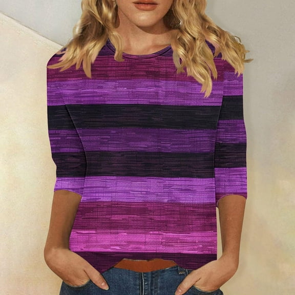 Ayolanni Shirts Women Under 5 Dollars 3/4 Sleeve Striped Blouses Ladies Tops L