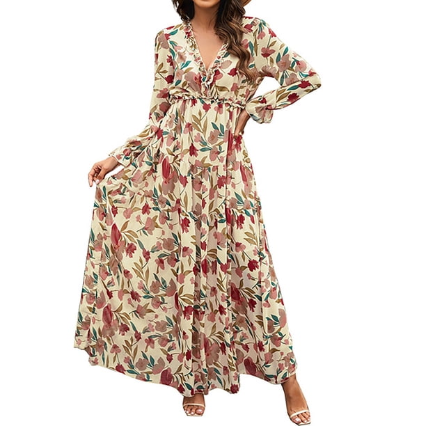 Gibobby Vestido de gasa de verano para mujer Vestido largo de manga de burbuja con cuello en V profundo para mujer con volantes y bordes estampados(Beige,CH)