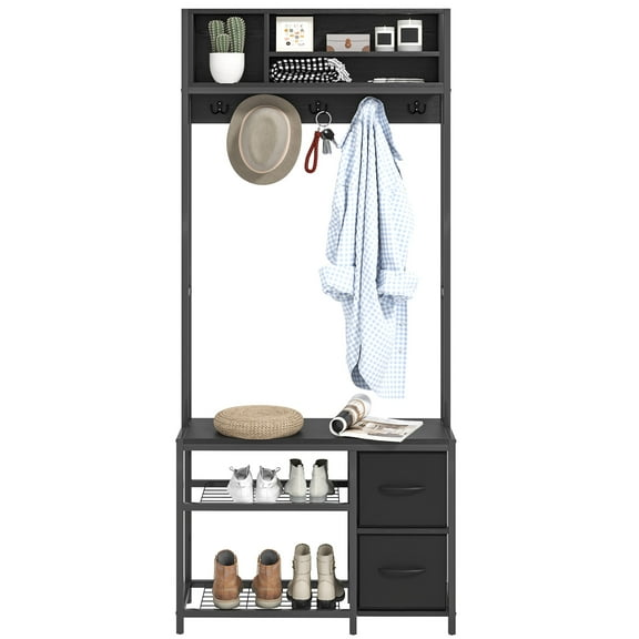 KWUXIN Hall Tree with Bench and Shoe Storage, 5-in-1 Entryway Bench with Coat Rack, 3 Storage Compartments, 5 Coat Hooks, 2 Fabric Drawers,Black