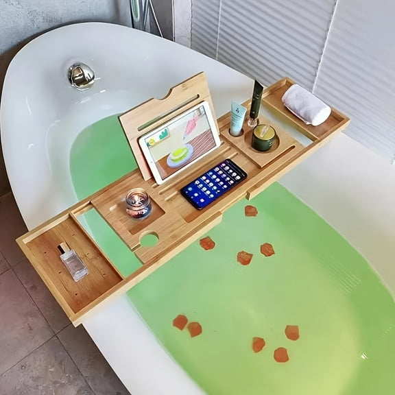 Adjustable Bamboo Bath Caddy Tray - Water-Resistant Bathtub Organizer with Tablet Holder & Reading Rack - Expandable Spa Tray for Bath Accessories & Relaxation