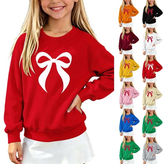 Frostluinai Girls Crew Neck Knit Sweaters 5-15 Years Christmas Bow Print Pullover Tops Lightweight Fall Y2K Sweater Holiday Gifts