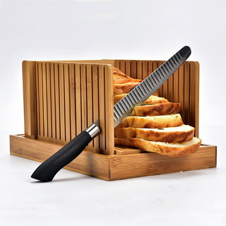 321 Send Premium Bamboo Bread Slicer with Stainless-Steel Knife Foldable and Compact with Crumb Tray Cutting Guide for Homemade Bread Cake Bagels Sour