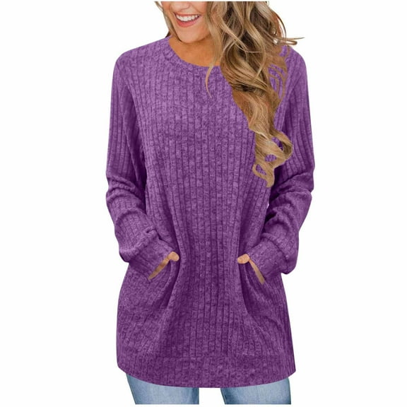 Women's Tunic Pullover Casual Long Sleeve Knit Shirts Brushed Crewneck Tops Soft Cozy Clothing Regular Fit Top Fall Fashion Outfits with Pocket