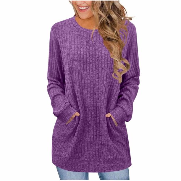Neewe Womens Classic Plain Long Sleeve Tops Fall Winter Pullover T Shirts Round Neck Casual Fashion Basic Sweatershirt with Pocket