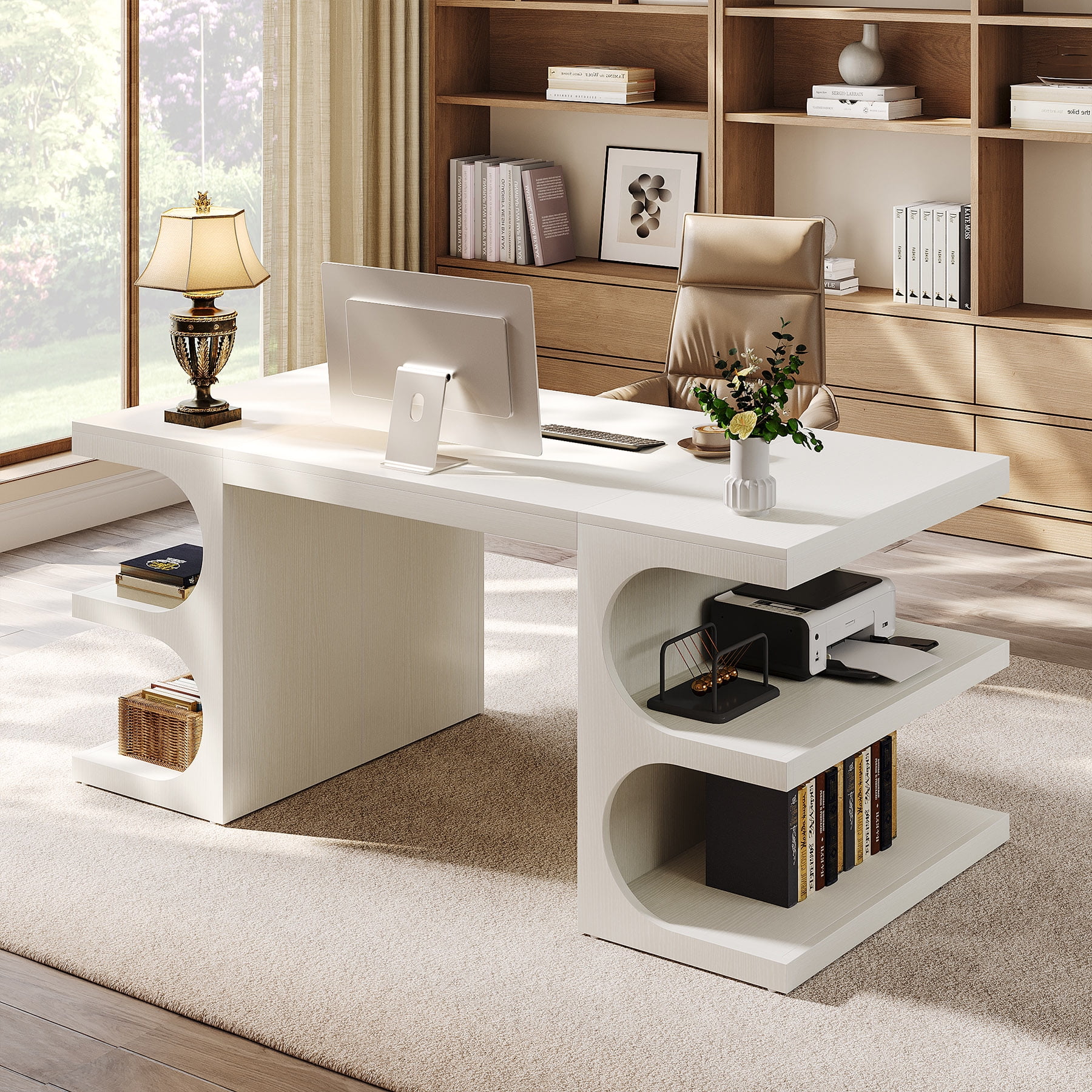 Finmind 63" Modern Executive Office Desk with Storage Shelves, Home Computer Desk, White