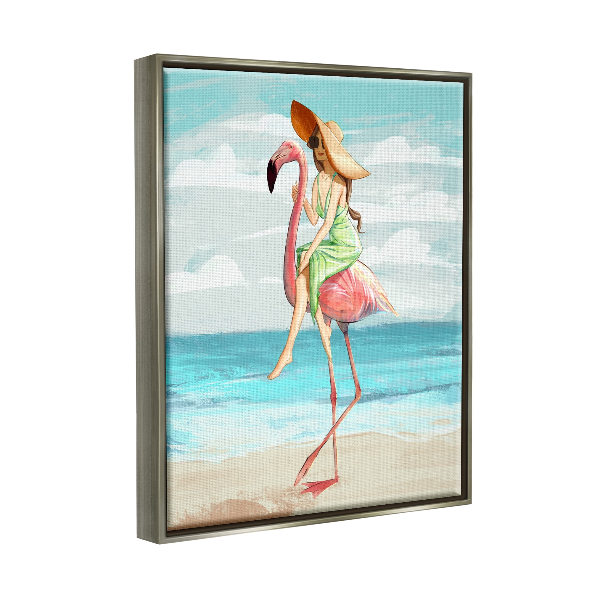Stupell Industries Beach Woman Riding Pink Flamingo Tall Tropical Bird Luster Gray Framed Floating Canvas Wall Art, 24x30, by Ziwei Li