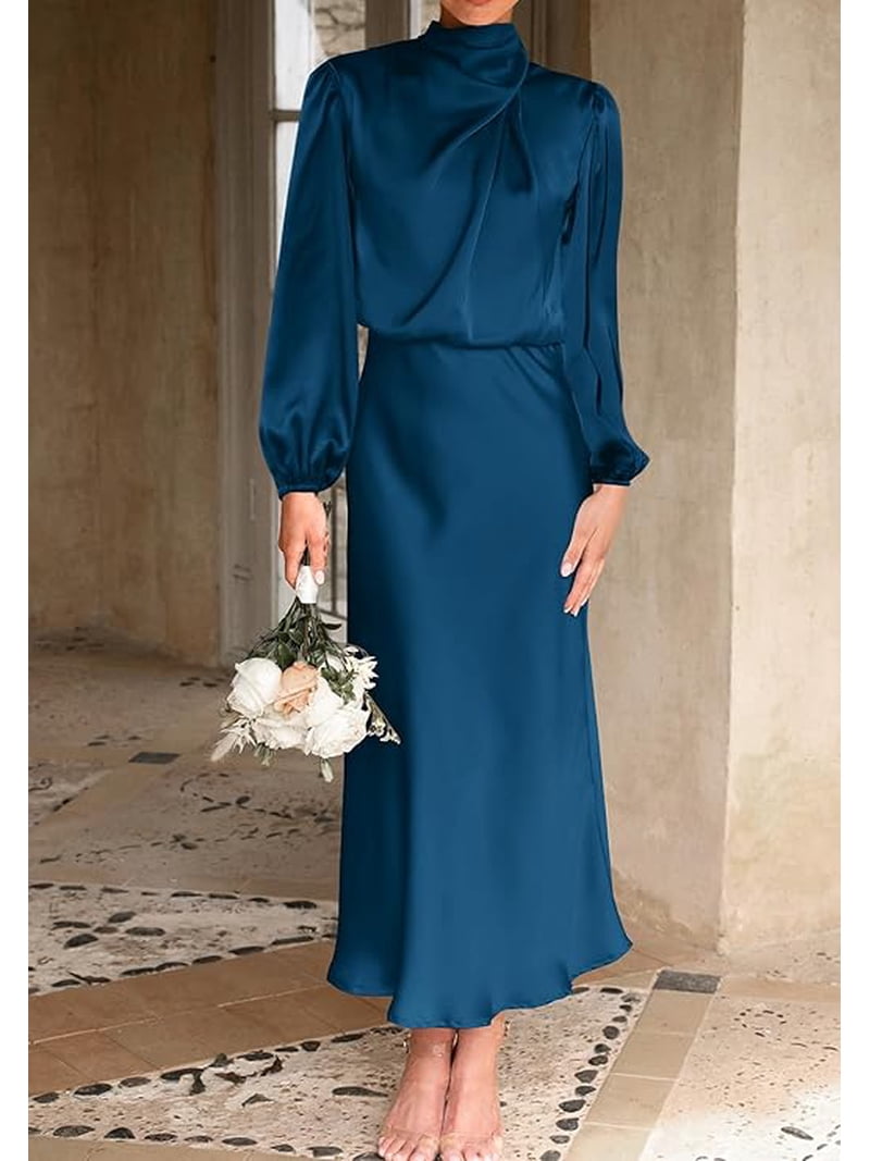 mock neck satin dress Women's Elin Mock Neck Satin Midi Dress S/M/L/Customize Sailor Blue MEAN BLVD Sailor Blue / M