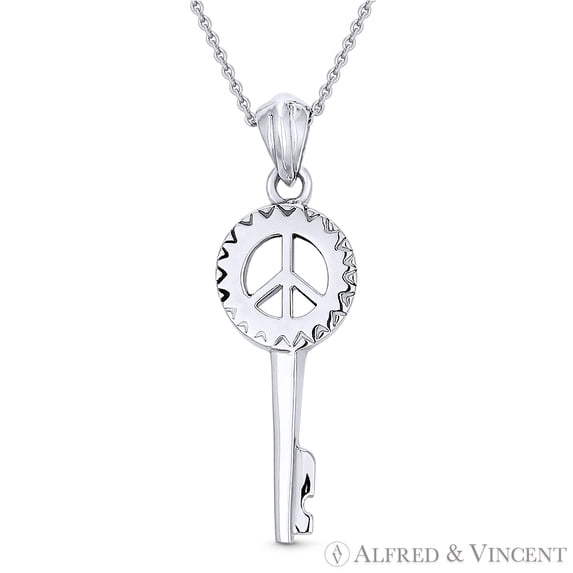 Key & Peace Sign Charm Pendant in .925 Sterling Silver