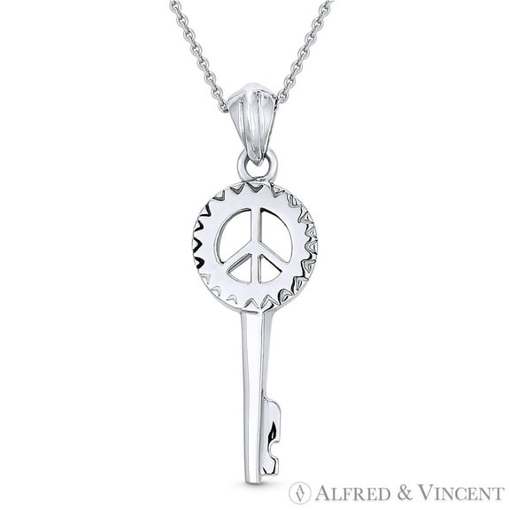 Key & Peace Sign Charm Pendant & Cable Chain Necklace in .925 Sterling Silver