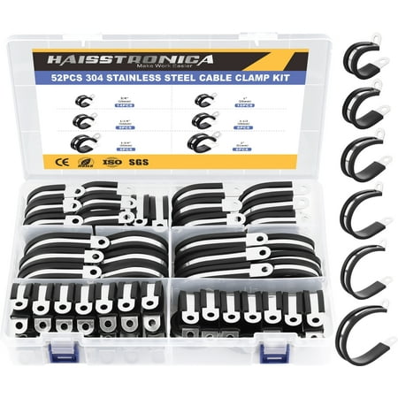

52PCS Cable Clamps Kit 304 Stainless Steel Rubber Cushion Pipe Clamps Hose Clamps Pipe Clamps in 6 Sizes 3/4 1 1-1/4 1-1/2 1-3/4 2