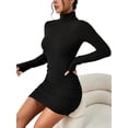 thumbnail image 1 of Vestido Tipo Suéter de Punto Acanalado para Mujer, de Larga, Fruncido, Ajustado, con Cuello Alto y Cintura Alta Negro M, 1 of 9