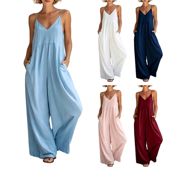 gakvbuo Summer Jumpsuits For Women Casual Dressy Wedding Camis Sleeveless Suspender Romper Solid Color Spaghetti Strap V-Neck Wide-Leg Pants