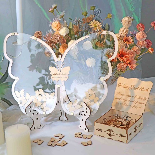 Caja de Madera con Mensaje de Boda Hot6sl con Mariposas para Entrega de Invitados