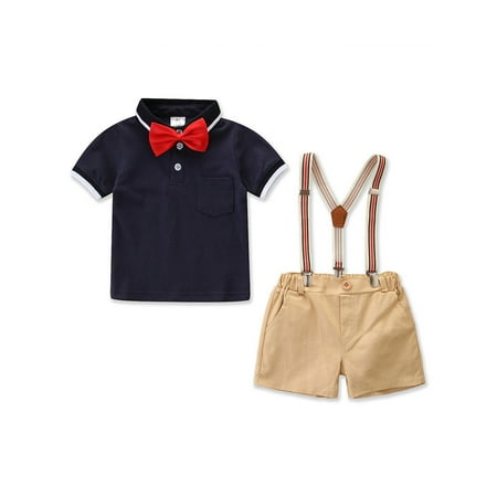 

elfinBE Baby Boy Child Toddler Gentlemen Bow Tie Short Sleeved Shirt With Suspender Shorts 2PCs Outfits Set 9-24M 2-4T