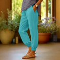 thumbnail image 6 of Women Linen Pants Summer Casual Gaucho Pants Drawstring Elastic Waist Wide Leg Slacks Loose Fitting Beach Attire Turquoise XXL, 6 of 7