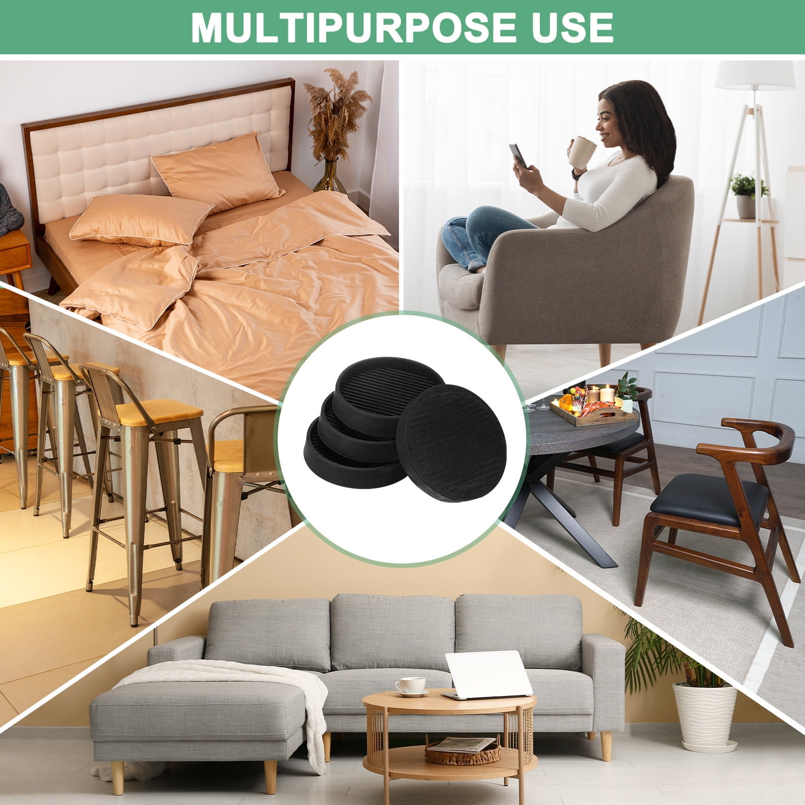 8-Pack Furniture Coasters Cups 3" Round Rubber Anti Slide Floor Protector Pads for Sofa Chair/Piano Stopper Furniture Caster Leg Non Slip Feet Cups [Black]
