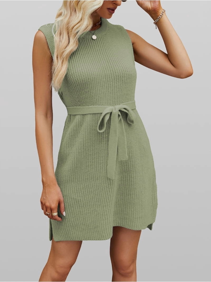 Women's Casual Mini Dress Sleeveless Boat Neck Tie Waist Bodycon Dresses Knitted Party Spring Summer Outfits,green,S