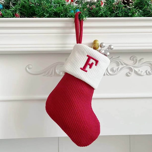 Seyotauo Christmas Stockings with Initials, Embroidered Xmas Stockings, 7" Large Knitted Xmas Stocking, Christmas Party Fireplace Family Hanging Stocking Decorations