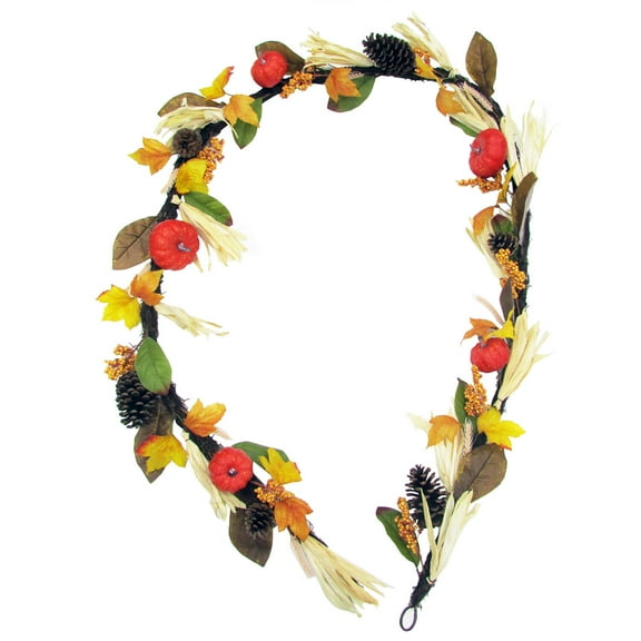 Fraser Hill Farm Decor Unlit Pine Fall Harvest Garland, with Corn Husks Pumpkins including Cones 108" (Multi-color)