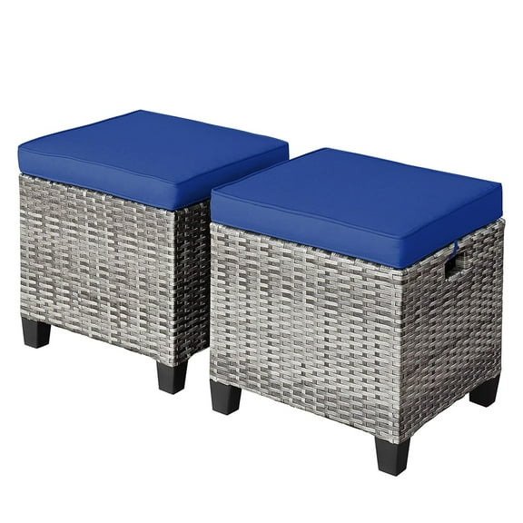 2 Pieces Outdoor Ottoman, Wicker Ottoman Seat, Rattan Furniture, Footstool Footrest Seat with Cushions for Backyard, Balcony, Garden, Grey   Navy