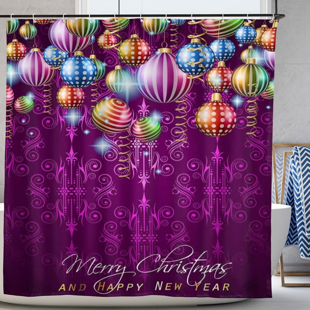 Merry Christmas Decor Shower Curtain Colorful Xmas Balls Happy New Year