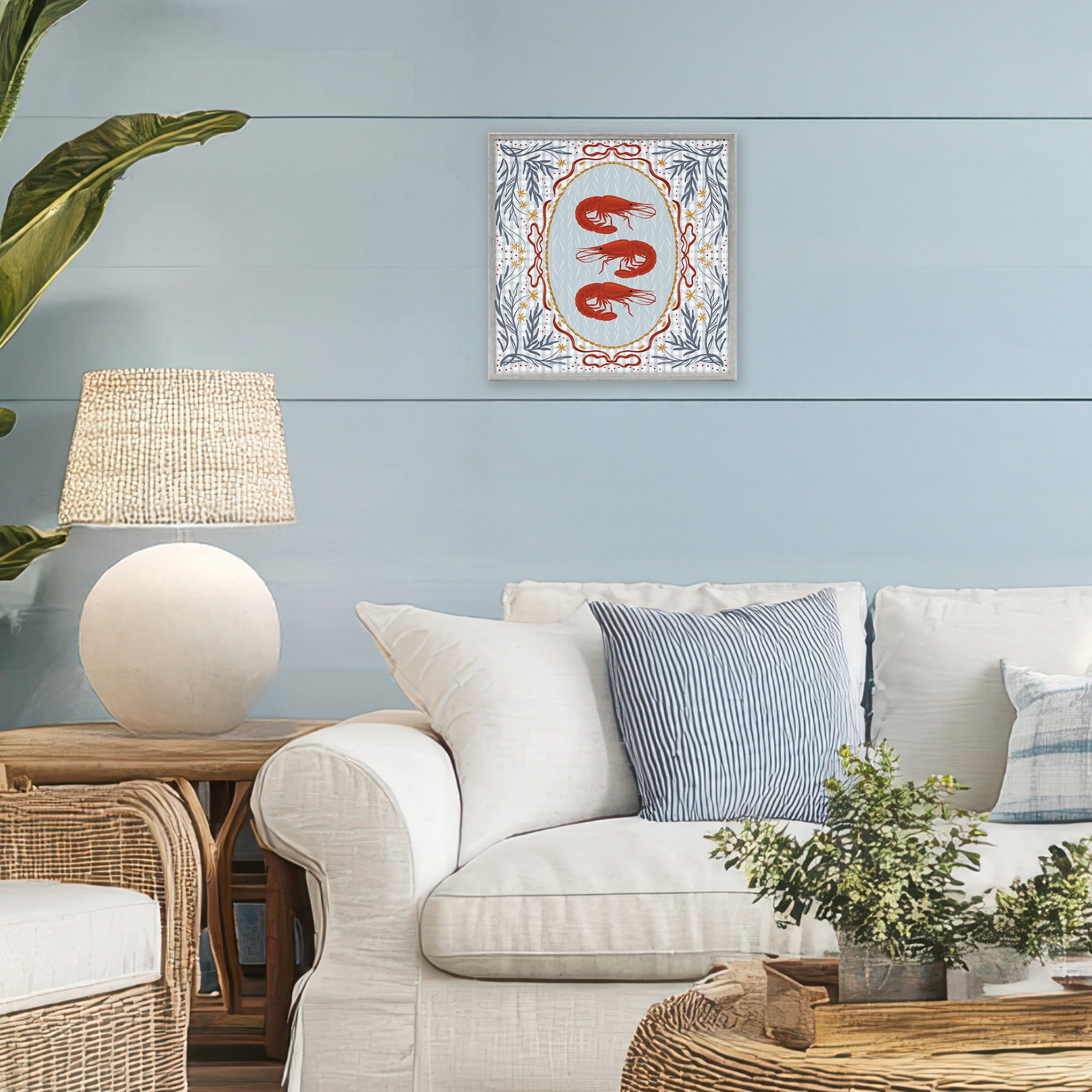 Stupell Industries Prawn Trio on Blue Gingham Gray Framed Giclee Art, design by Vero Illustrates