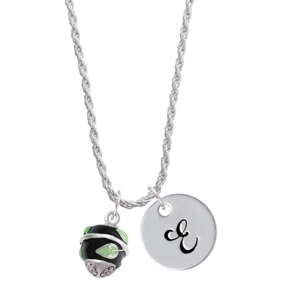 Delight Jewelry Silvertone Lime Leaves on Black Band Spinner Silvertone Script Initial Disc - E - Charm Necklace, 20"+3"