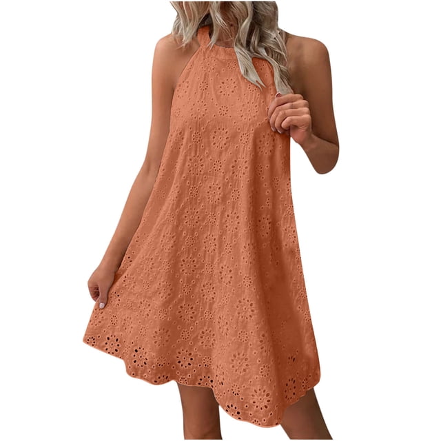 EQWLJWE Robes d'Été pour Femmes 2023 Mode Femmes Été Broderie Sans Manches Dos à Trou de Serrure Robe Col Halter Jupe Unie Robes Maxi pour Femmes 2023