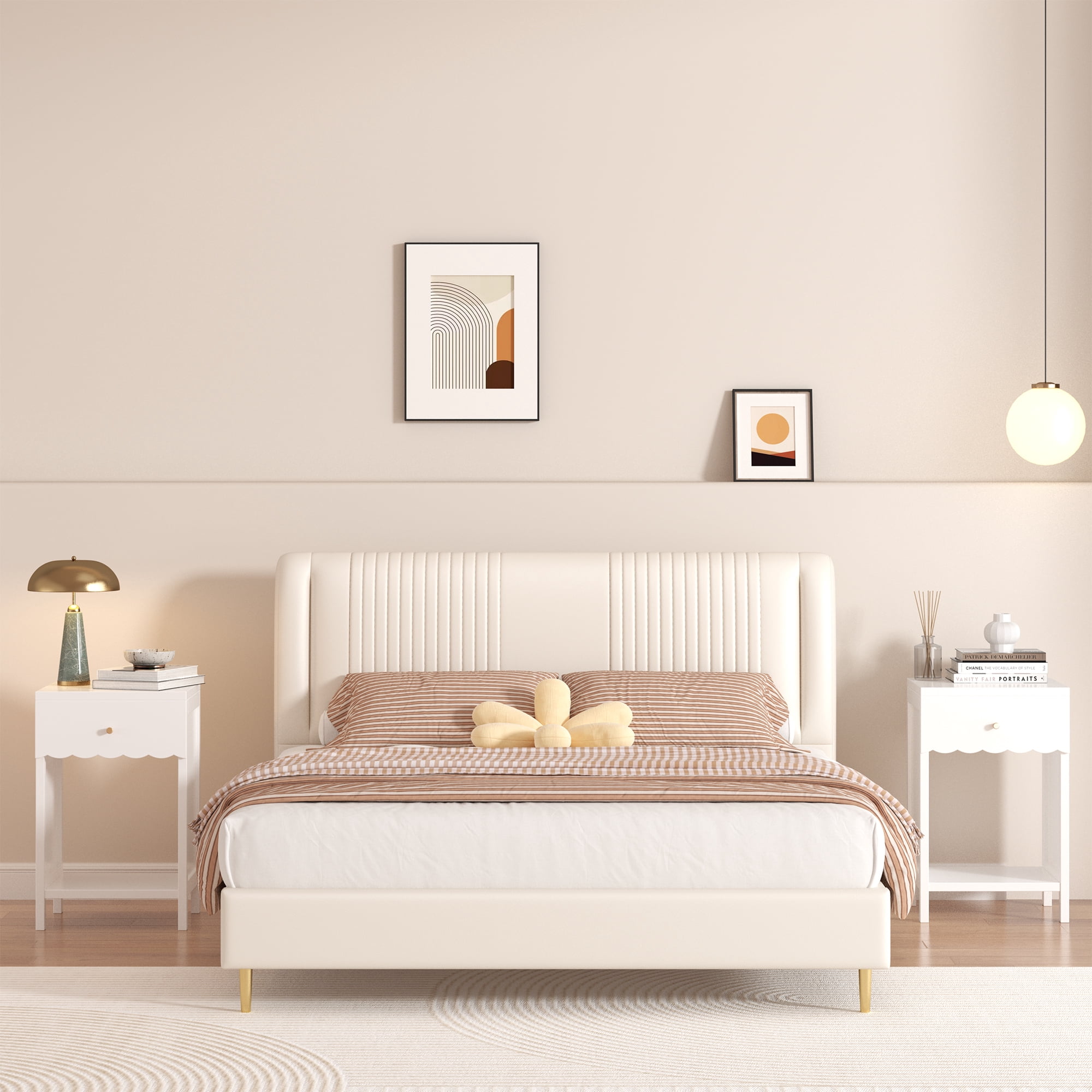 Modern White Nightstand with Drawer & Open Shelf, Scalloped Edge Bedside Table, Minimalist Cute Side Table for Bedroom Kids Room Girls Room