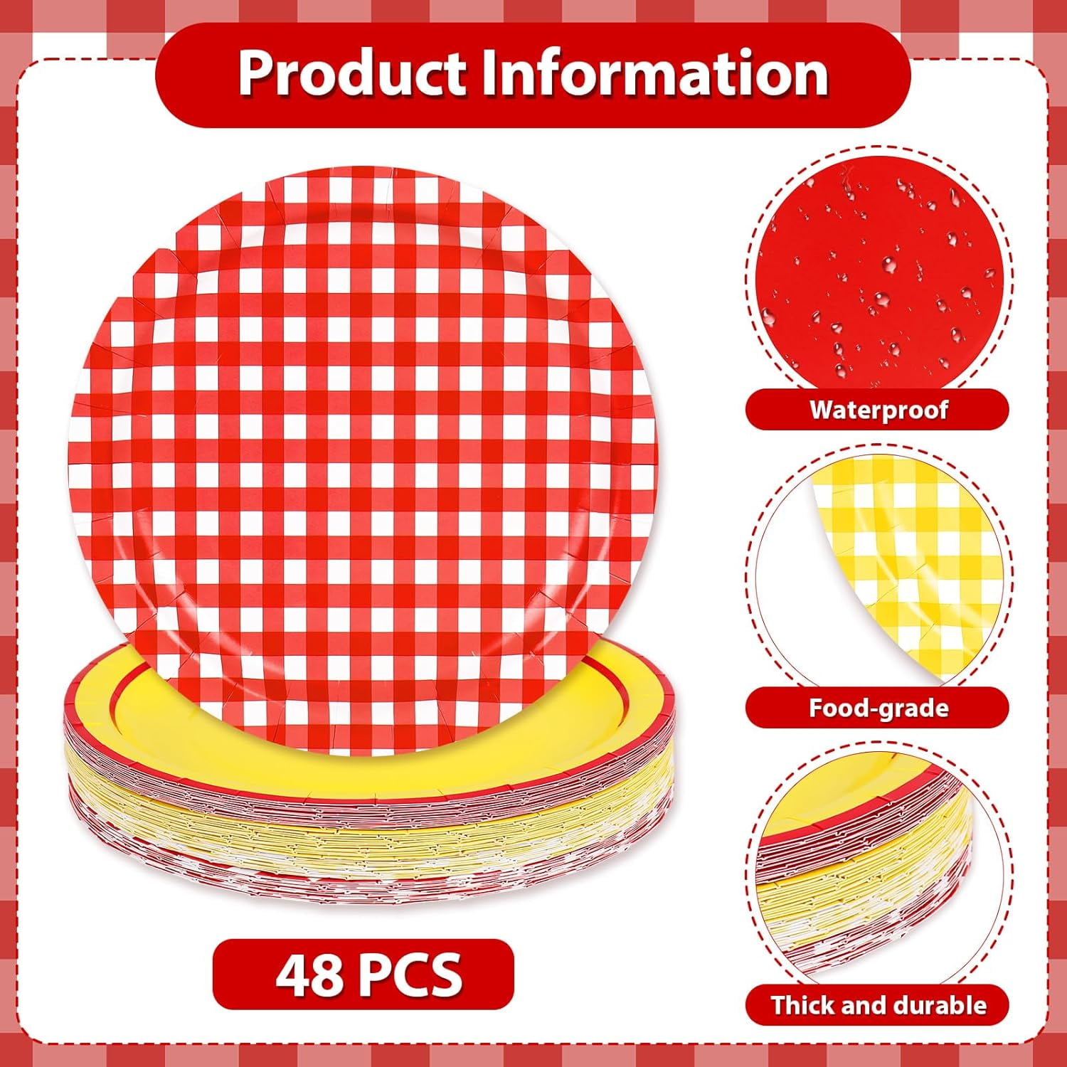 Pizza Party Paper Plates Red and Yellow Gingham Disposable Dinner Dessert Plates for Party Tableware Set