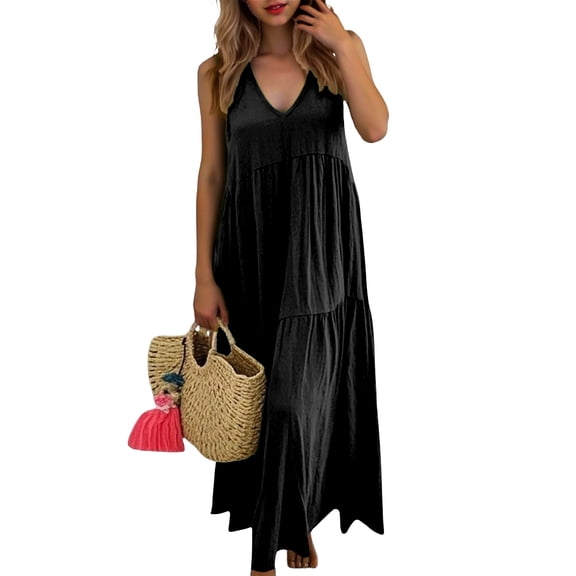 DHFJKG Bohemian Summer Women Dress Beach Vacation Clothes Solid Color Sleeveless V Neck Maxi Dress Flowy Stylish Dresses