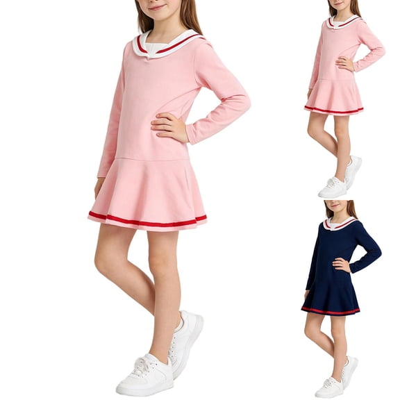 SGFCWSX Girls Long Sleeve Sailor Collar Dress, Casual Ruffled Hem Dress Pink Size 7-8 Years