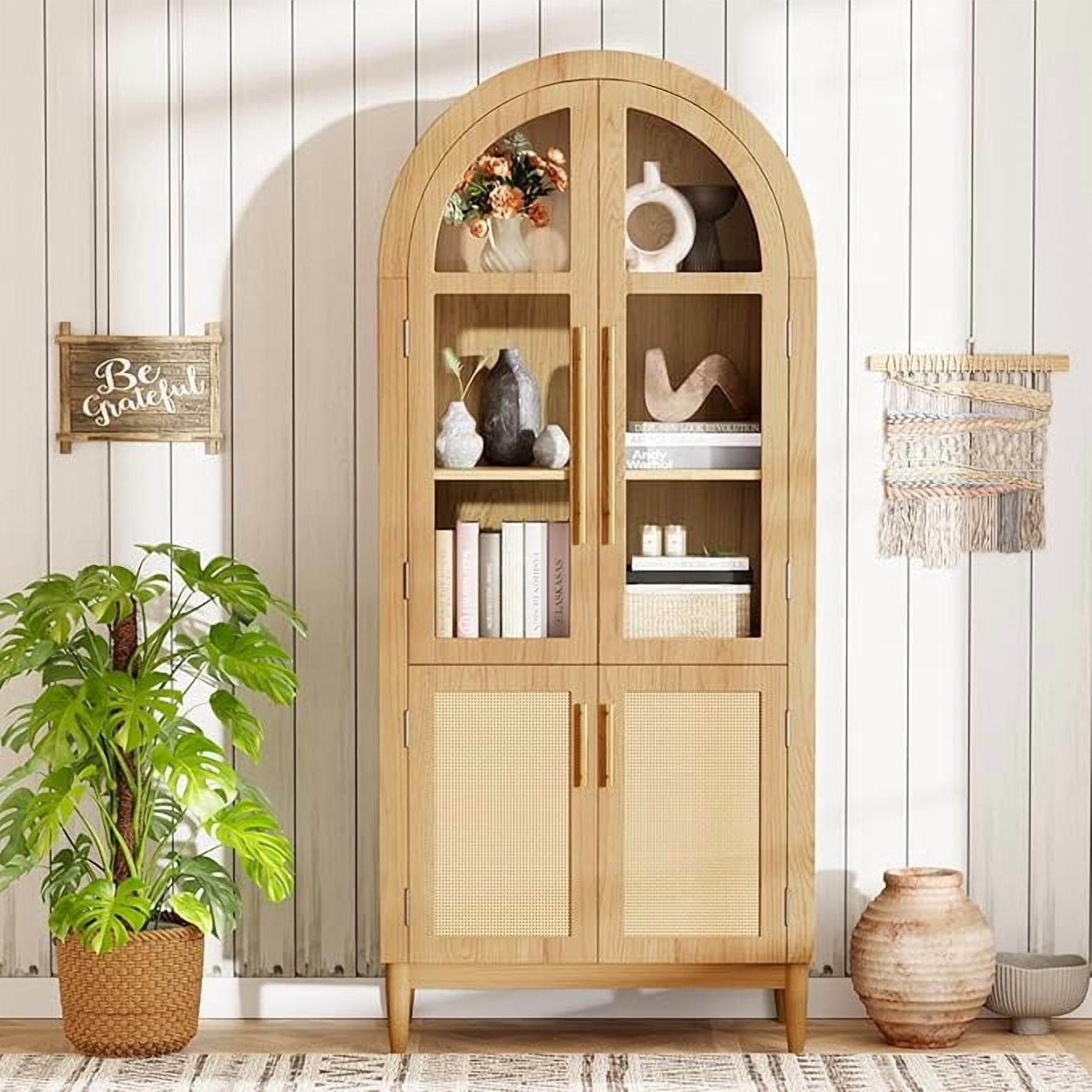 MAYEERTY 71"H Arched Accent Cabinet, Wood Kitchen Pantry Cabinets with Glass Rattan Door and Adjustable Shelf for Living Room, Dining Room, Natrual