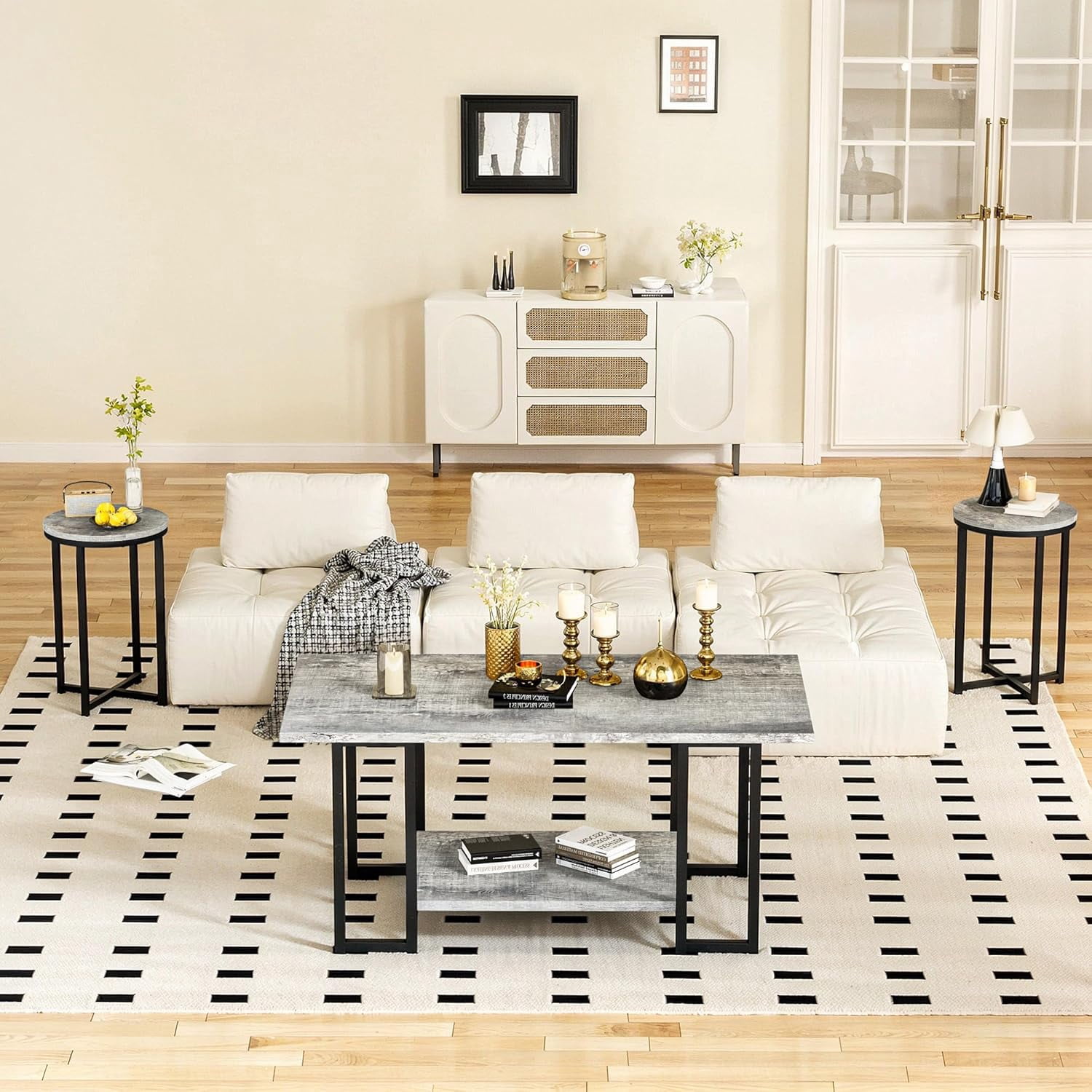 Cvortll 3-Piece Living Room Table Set, Coffee Table with 2 Round End Tables, Faux Marble Top & Metal Frame, for Apartment & Home, Gray
