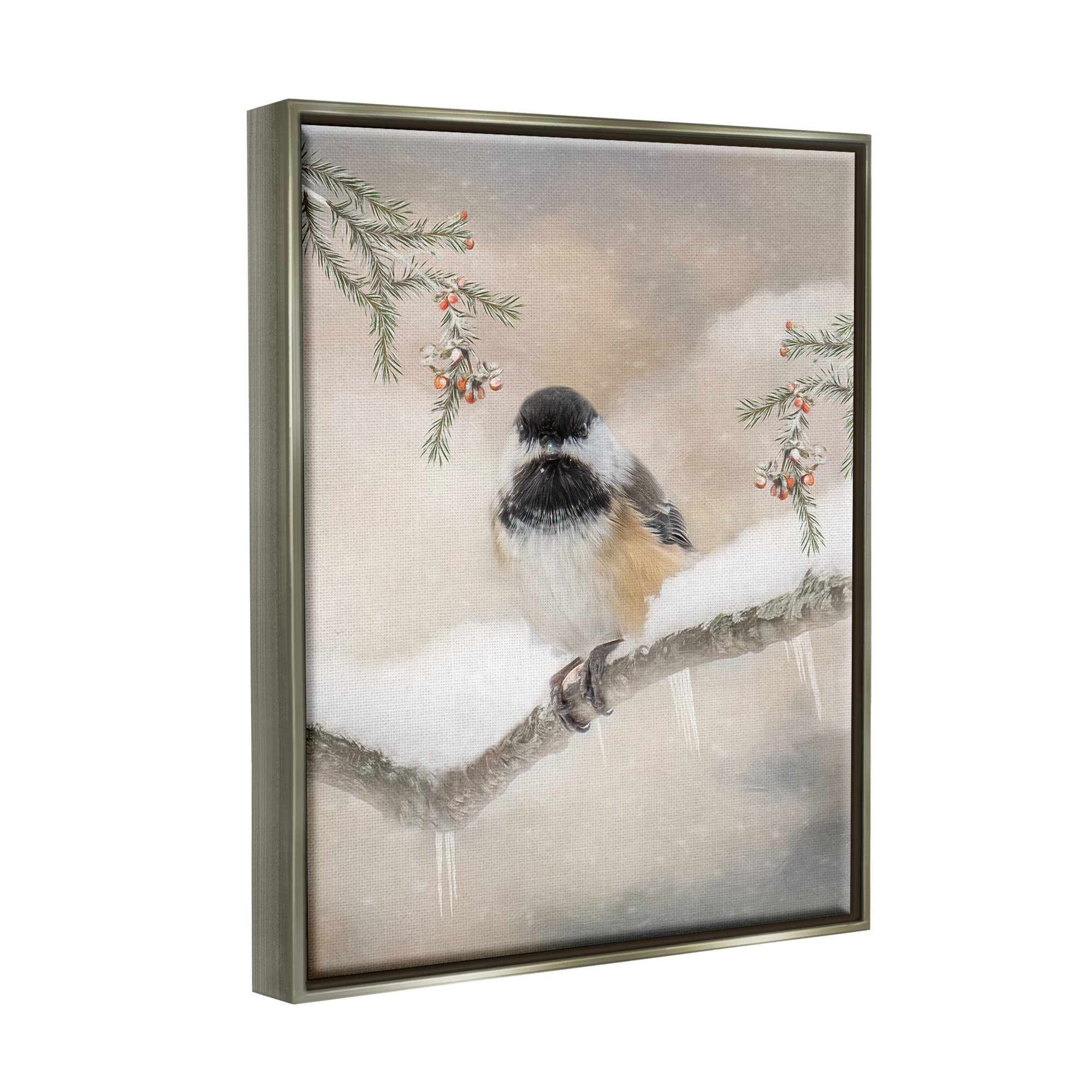 Stupell Industries Bird on Winter Branch Animals & Insects Painting Gray Floater Framed Art Print Wall Art, 25 x 31