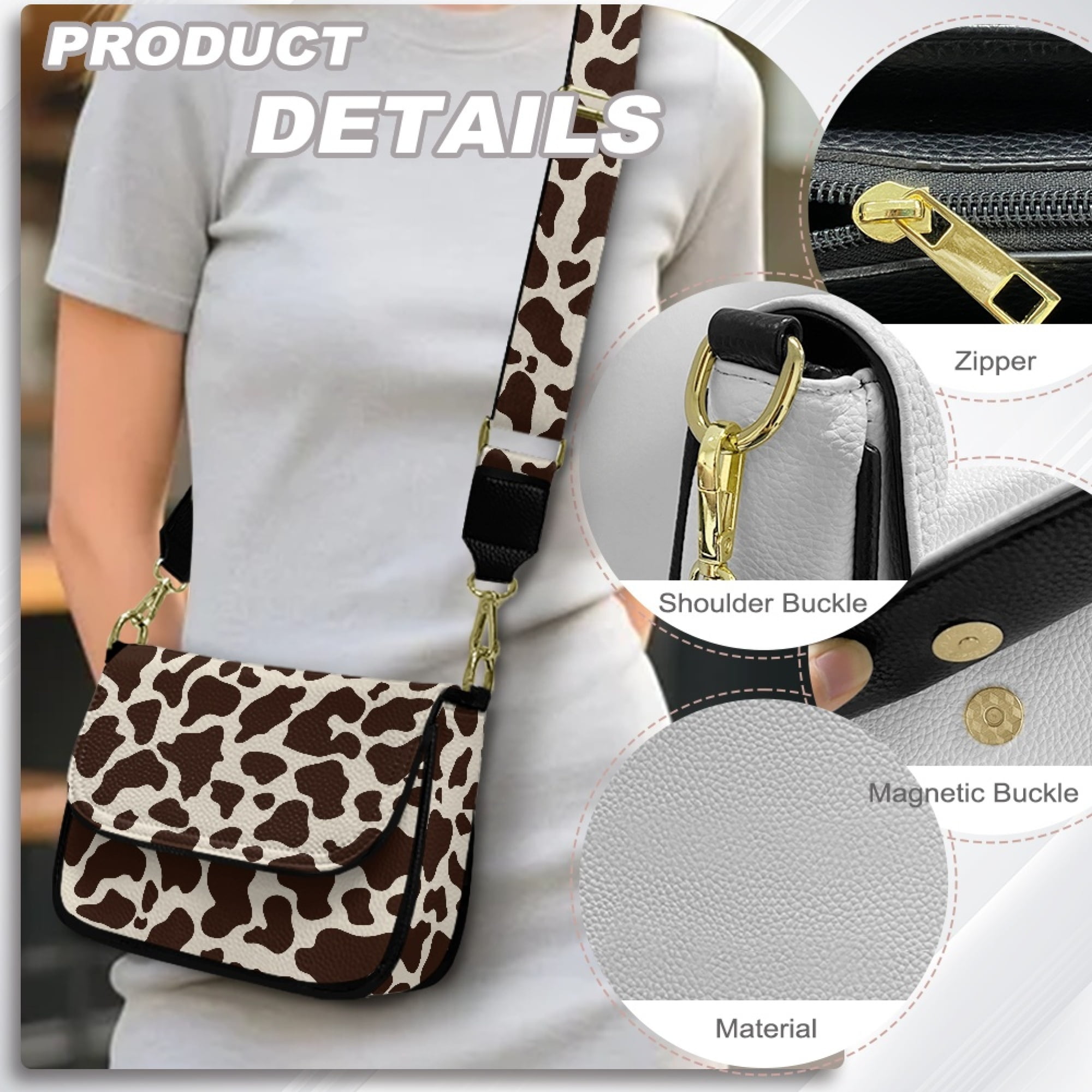 TSOVTHRID Beige Brown Cow Print Crossbody Purse for Women PU Leather Cell Phone Purse Trendy Crossbody Bags Handbags Shoulder Bag for Travel Party