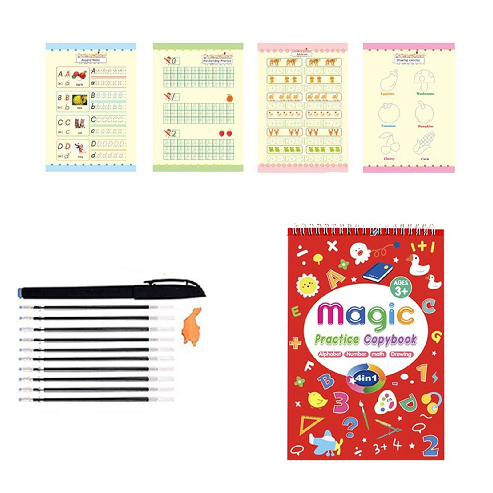 Books and Pen Aenmt 4 Pcs English Magic Practice Copybook for Kids,Reusable Copybook with Magical Pen,Alphabet-Drawing-Number-Math-learning 