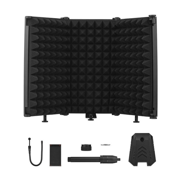 Microphone Isolation Shield Compact Foldable Tabletop Mic Windscreen 3-Panel Sound Absorbing Foam Reflector with Supporting Rod Base Phone Clip 5/8 Inch Screw Adapter for Studio Professional