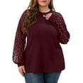 thumbnail image 3 of JWD Plus Size Tops For Women Lace Sleeve Blouse Waffle Knit Long Sleeve Shirts Wine Red-3X, 3 of 7