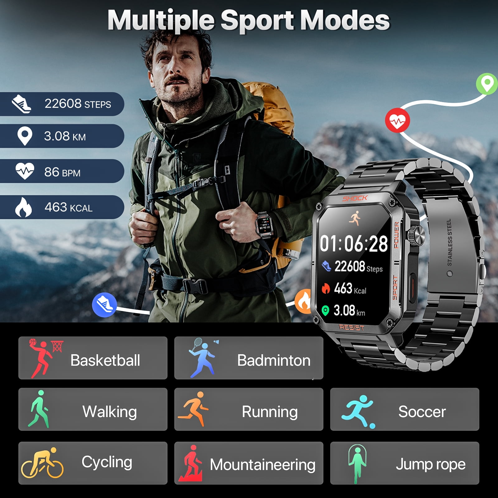 Smart Watches for Men, Fitness Tracker for Android/iPhone, 1.91" HD Screen Bluetooth Calls, IP68 Waterproof