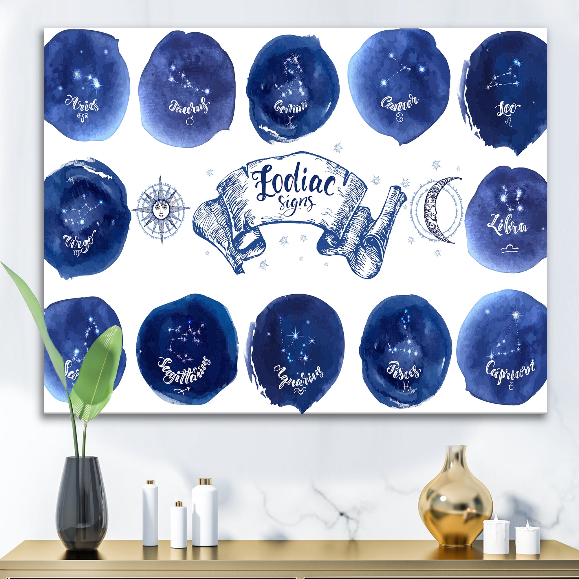 Designart ' Collection of Astrology Signs On Blue Circles ' Modern Canvas Wall Art Print