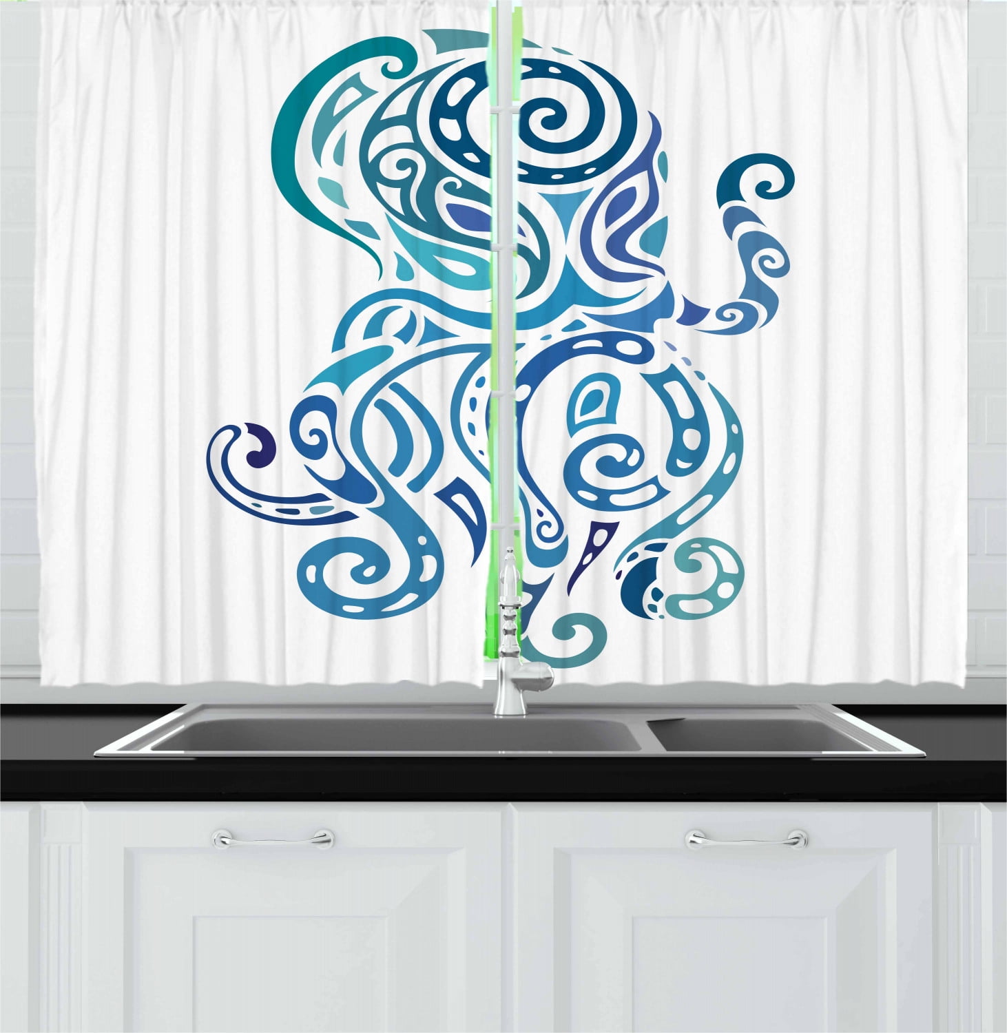 Octopus Curtains 2 Panels Set, Ethnic Ornamental Marine Sea Animal with Curved Lines Underwater Wildlife, Window Drapes for Living Room Bedroom, 55W X 39L Inches, Violet Blue Teal, by Ambesonne
