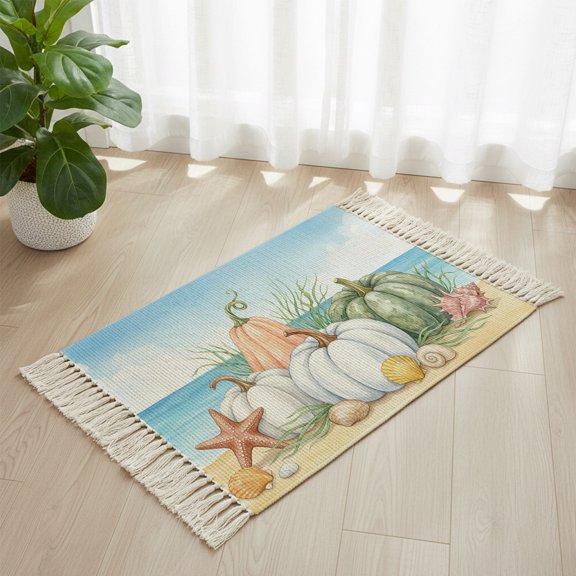 Give Thanks Words White Pumpkins Boho Hallway Runner Rug 2x3ft, Kitchen Runner Rug Tassel Rugs, Coastal Starfish Conch Area Rugs Floor Carpet for Living Room Bedroom Entryway